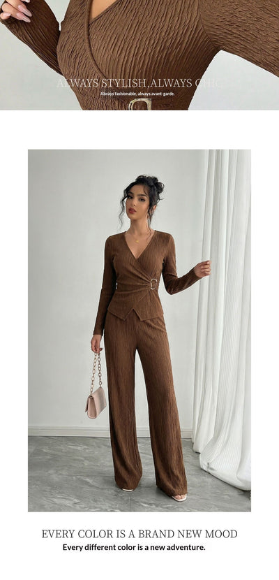 Conjunto de Pantalón y Blusa Cruzada de Manga Larga en Color Sólido para Mujer - Image 12