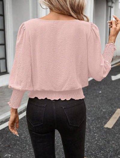 Blusa Holgada Talla Grande Cuello Redondo Color Liso con Fruncido y Manga Farol - Image 12