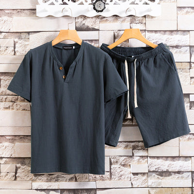 Set de Dos Camisetas de Algodón y Lino para Hombre - Colores Sólidos - Image 5