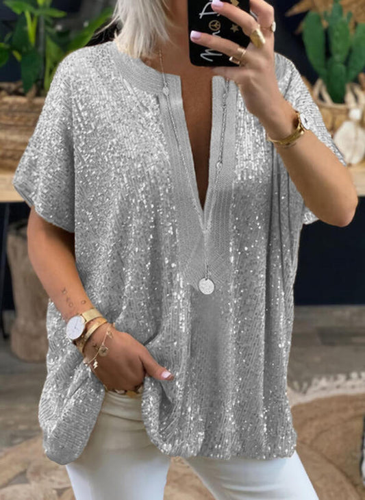Blusa Casual Suelta con Lentejuelas y Cuello en V