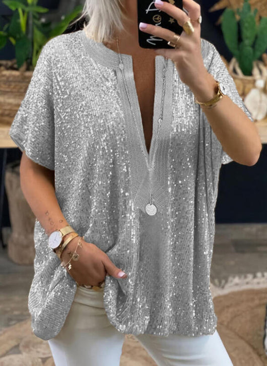 Blusa Casual Suelta con Lentejuelas y Cuello en V