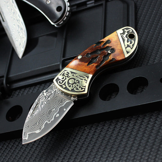Cuchillo Plegable de Acero Damasceno con Mango de Hueso de Res y Latón Puro