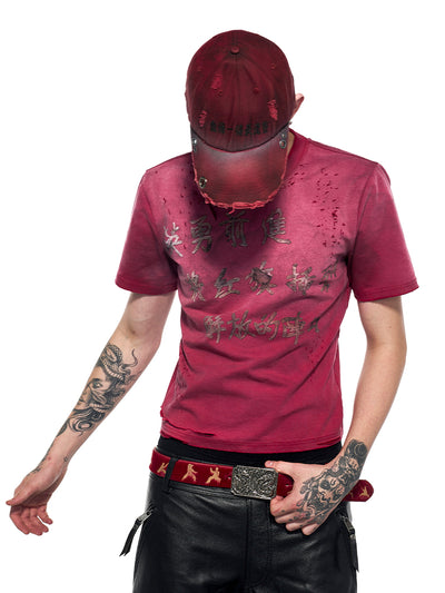 Playera Roja Slim Fit Desgastada con Efecto Lavado Sucio - Image 9