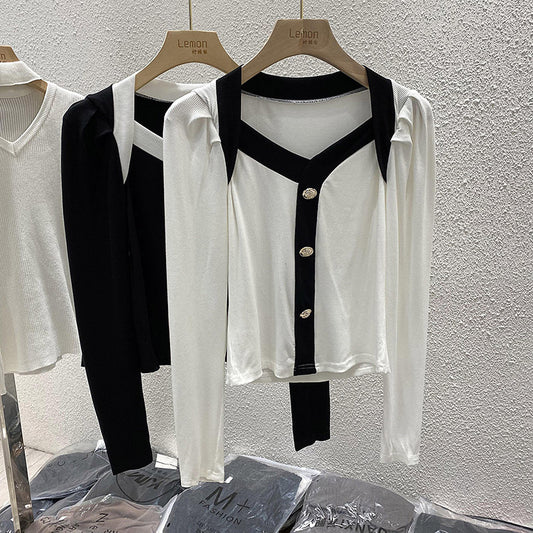 Blusa de Cuello V Manga Larga Ajustada