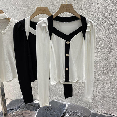 Blusa de Cuello V Manga Larga Ajustada