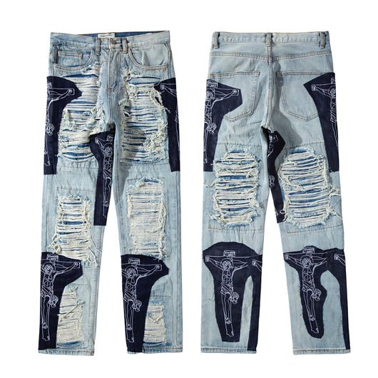 Jeans Rectos para Hombre con Detalles de Corte y Parches Bordados - Image 11