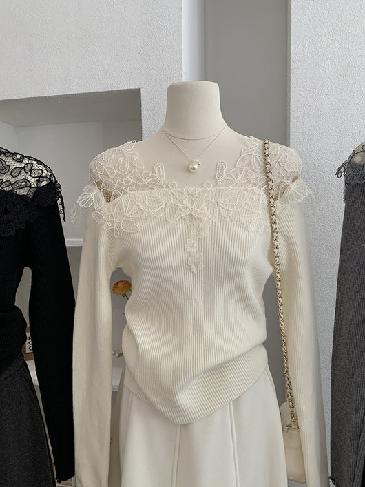 Suéter Tejido con Encaje Calado y Cuello en V para Mujer - Colección Otoño Invierno - Image 12