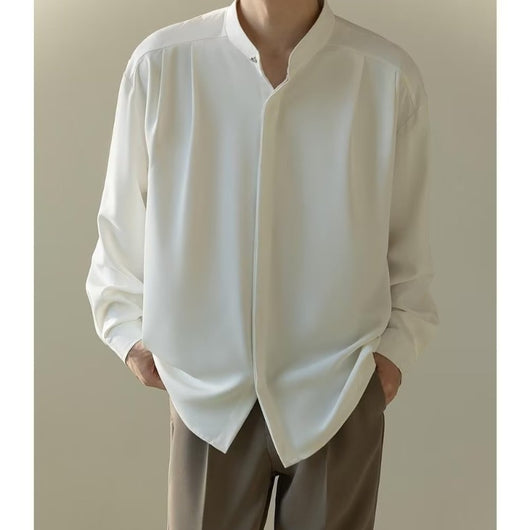 Camisa Casual Holgada de Manga Larga con Cuello Alzado para Hombre - Image 8