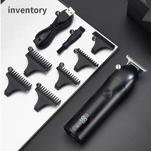 Professional electric hair clipper with a colorful graffiti design, digital display, and a set of guide combs. - Image 3