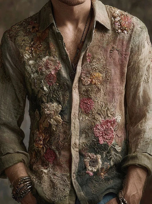 Camisa Floral Holgada de Manga Larga Estilo Retro Americano para Hombre - Image 7