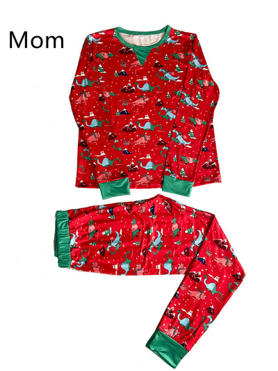 Red long-sleeved men's pajama set with a festive dinosaur and Christmas tree print, featuring green cuffs. - Image 8