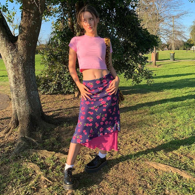 Falda Larga Estampado Flor de Cerezo en Chifón Entallada - Image 6