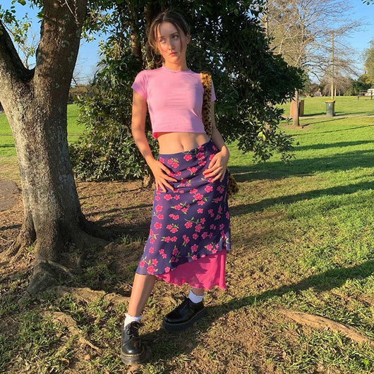 Falda Larga Estampado Flor de Cerezo en Chifón Entallada - Image 6