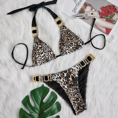 Traje de Baño Estampado Leopardo con Realce Push-Up Cintura Baja - Image 2