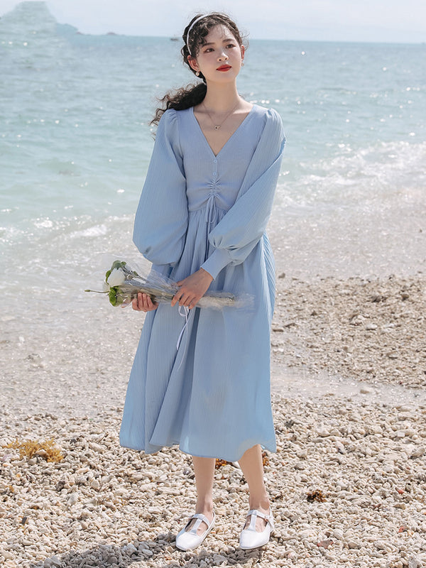Vestido Azul Escote V Estilo Francés para Mujer