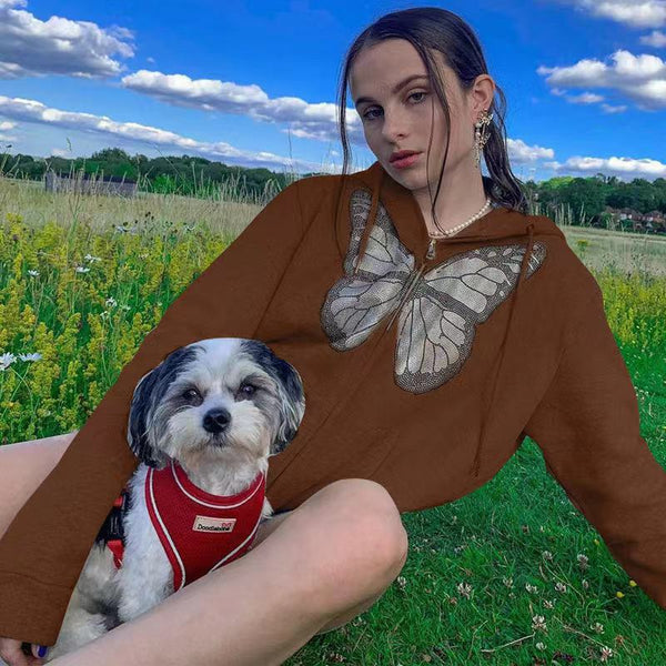 Sudadera con Capucha Estampado Mariposas Manga Larga para Mujer - Casual Otoño Invierno