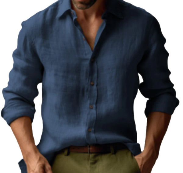 Camisa Clásica de Manga Larga para Hombre - Colores Sólidos Europeos