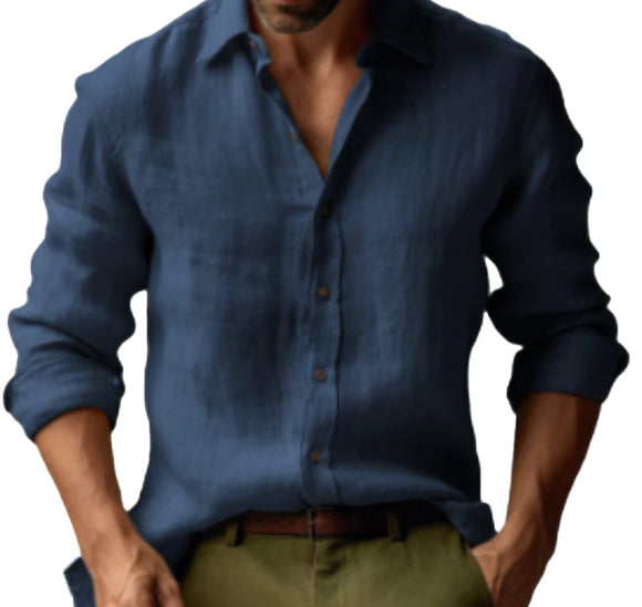 Camisa Clásica de Manga Larga para Hombre - Colores Sólidos Europeos