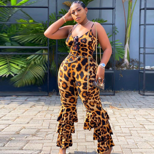 Jumpsuit Oversize para Mujer con Escote V en la Espalda y Estampado Leopardo Sexy