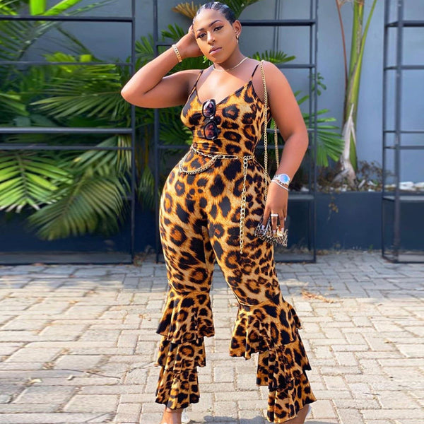 Jumpsuit Oversize para Mujer con Escote V en la Espalda y Estampado Leopardo Sexy