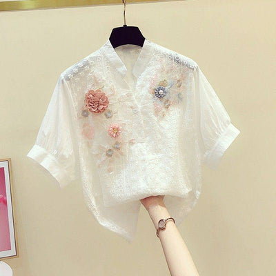 Blusa de Algodón con Cuello Bordado Floral Retro para Mujer - Image 5