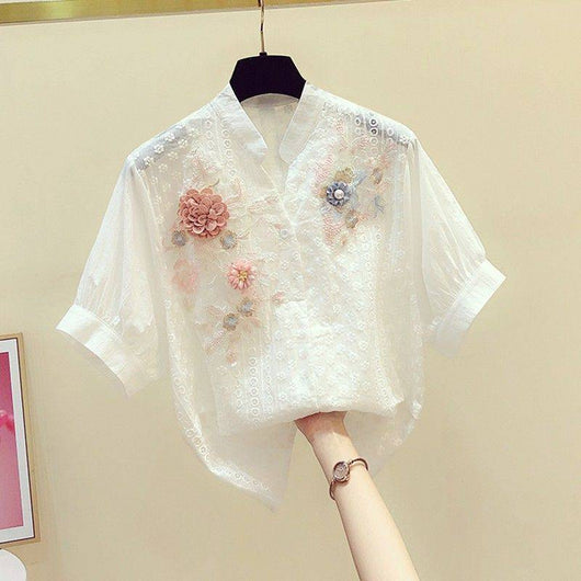 Blusa de Algodón con Cuello Bordado Floral Retro para Mujer - Image 5