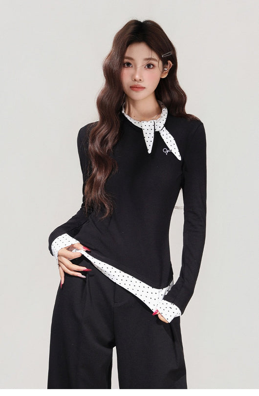 Blusa Negra con Lunares y Moño - Efecto Dos Piezas, Manga Larga - Image 8