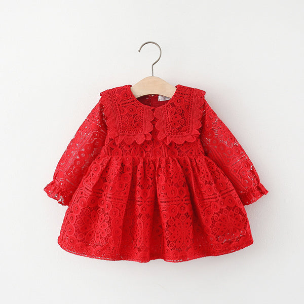 Vestido Infantil Manga Larga con Cuello de Encaje