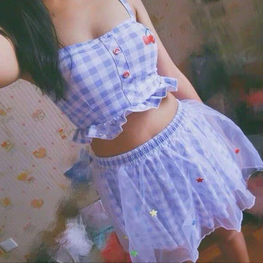 Sweet blue and white gingham two-piece swimsuit with cherry embroidered crop top and star-decorated skirt. - Image 5