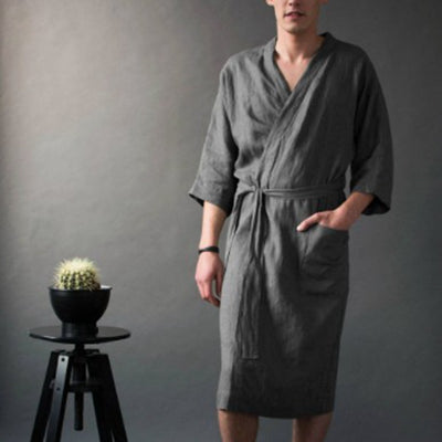 Bata de Lino Larga Unisex de Color Sólido - Pijama Cómodo para Casa - Image 6