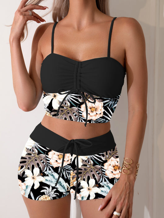 Women's light green two-piece bikini swimsuit with tropical floral and pineapple print, featuring drawstring top and shorts. - Image 18