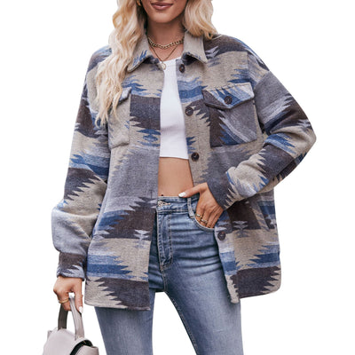Abrigo Camisero Geométrico con Cuello Alzado y Bolsillos para Mujer - Image 6
