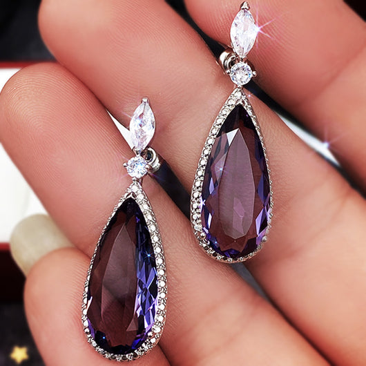 Aretes de Novia Largos con Circón Púrpura Micro Incrustado para Mujer