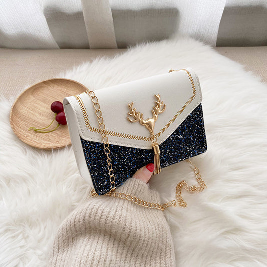 Bolsa Cuadrada con Lentejuelas Brillantes y Cadena de Borla a Juego
