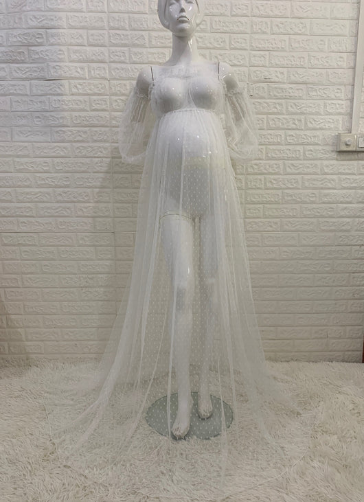 Vestido Premamá Hombros Descubiertos con Mangas Abullonadas y Estampado de Puntos - Image 5