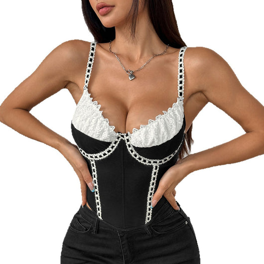 Chaleco Patchwork Retro Ajustado Sexy Estilo Europeo Americano - Image 5