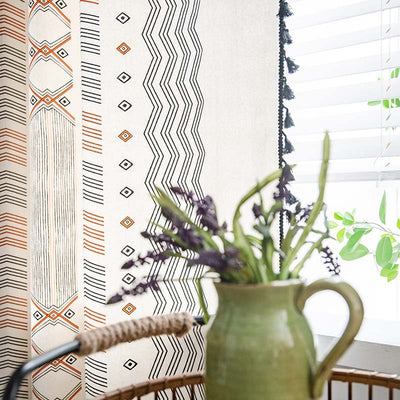 Boho cream cotton and linen curtain with tribal print in black and orange, featuring black fringe tassels. - Image 13