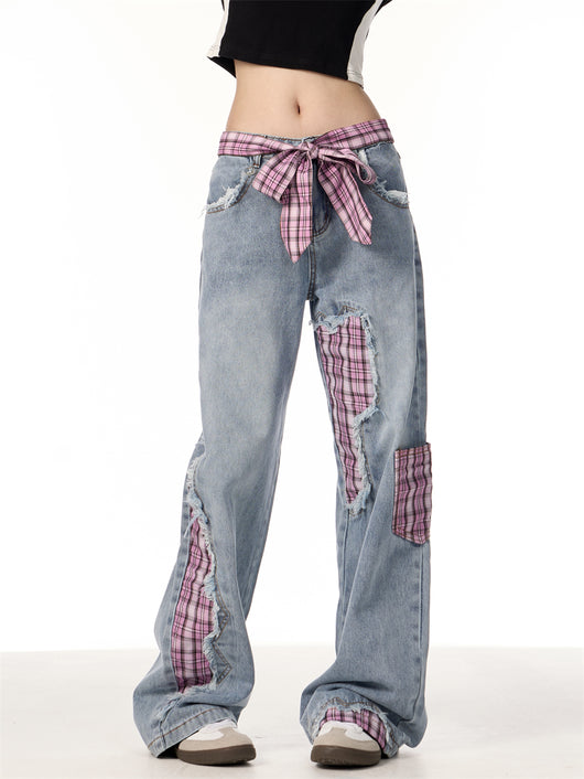 Pantalones Jeans Rectos Anchos para Mujer con Cuadros y Moño - Image 20