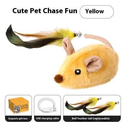 Gray plush electric mouse cat toy with black ears and eyes, featuring a yellow and green feather tail with a bell. Includes a USB charging cable and gift box. - Image 6