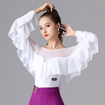 Vestido de Danza Manga Larga Hoja de Loto Blanco - Top de Vals Latino - Image 13