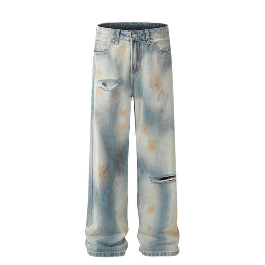 Jeans Rotos con Teñido Tie-Dye Estilo Americano para Hombre
