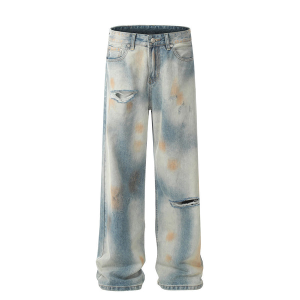Jeans Rotos con Teñido Tie-Dye Estilo Americano para Hombre