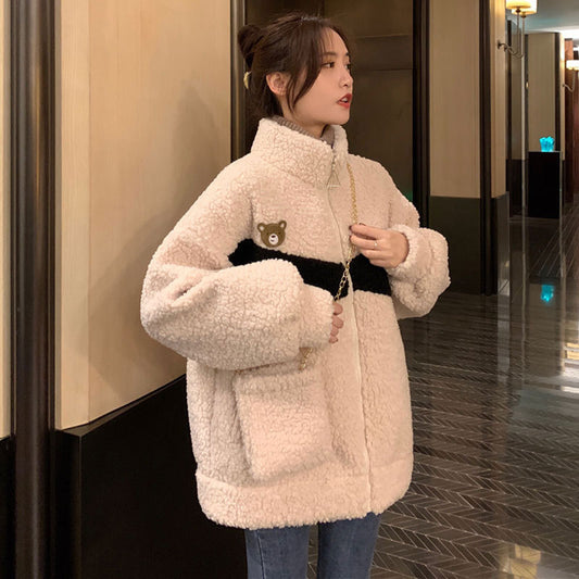 Chaqueta de Lana de Cordero y Terciopelo con Diseño de Contraste para Mujer