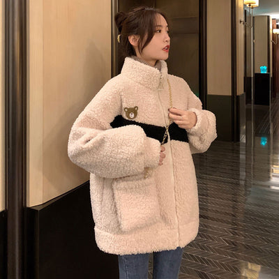 Chaqueta de Lana de Cordero y Terciopelo con Diseño de Contraste para Mujer