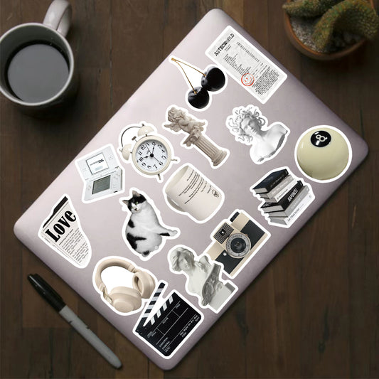 61 black and white aesthetic stickers featuring various objects like cameras, cats, skulls, and text for personalization. - Image 2
