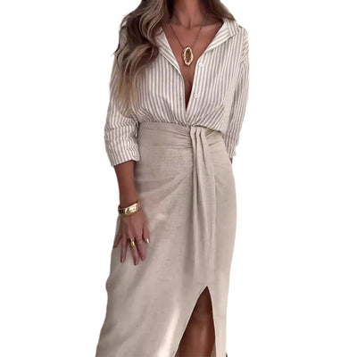 Conjunto Elegante: Blusa Polo Rayada con Falda Talle Alto y Abertura - Image 5
