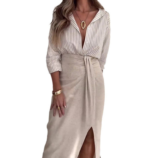 Conjunto Elegante: Blusa Polo Rayada con Falda Talle Alto y Abertura - Image 5