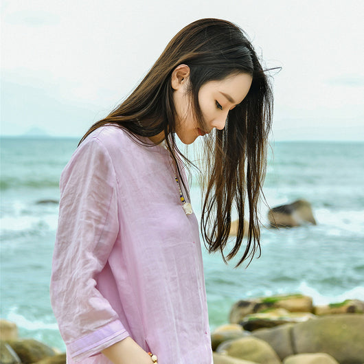 Blusa Camisera Suelta de Algodón y Lino con Manga 3/4 para Mujer - Image 9