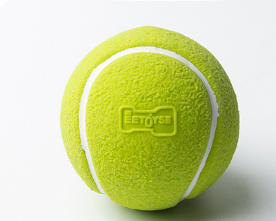 Lime green latex pet toy shaped like a tennis ball with white stripes and "EETOYSE" embossed on its surface. - Image 6