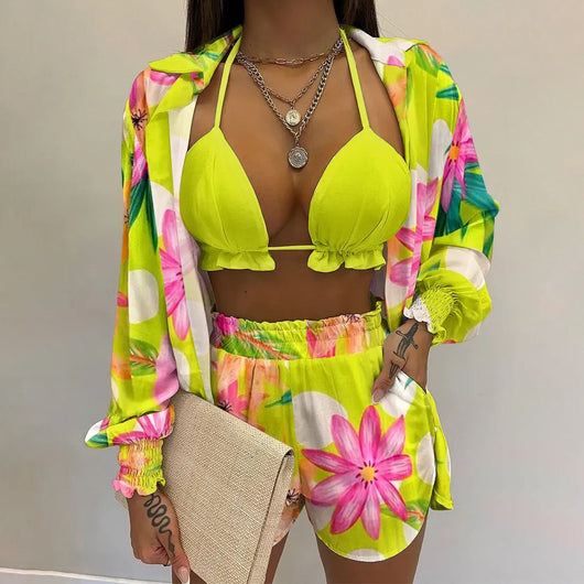 Women's three-piece beachwear set with neon yellow bikini top, floral print long-sleeve shirt, and matching shorts. - Image 9